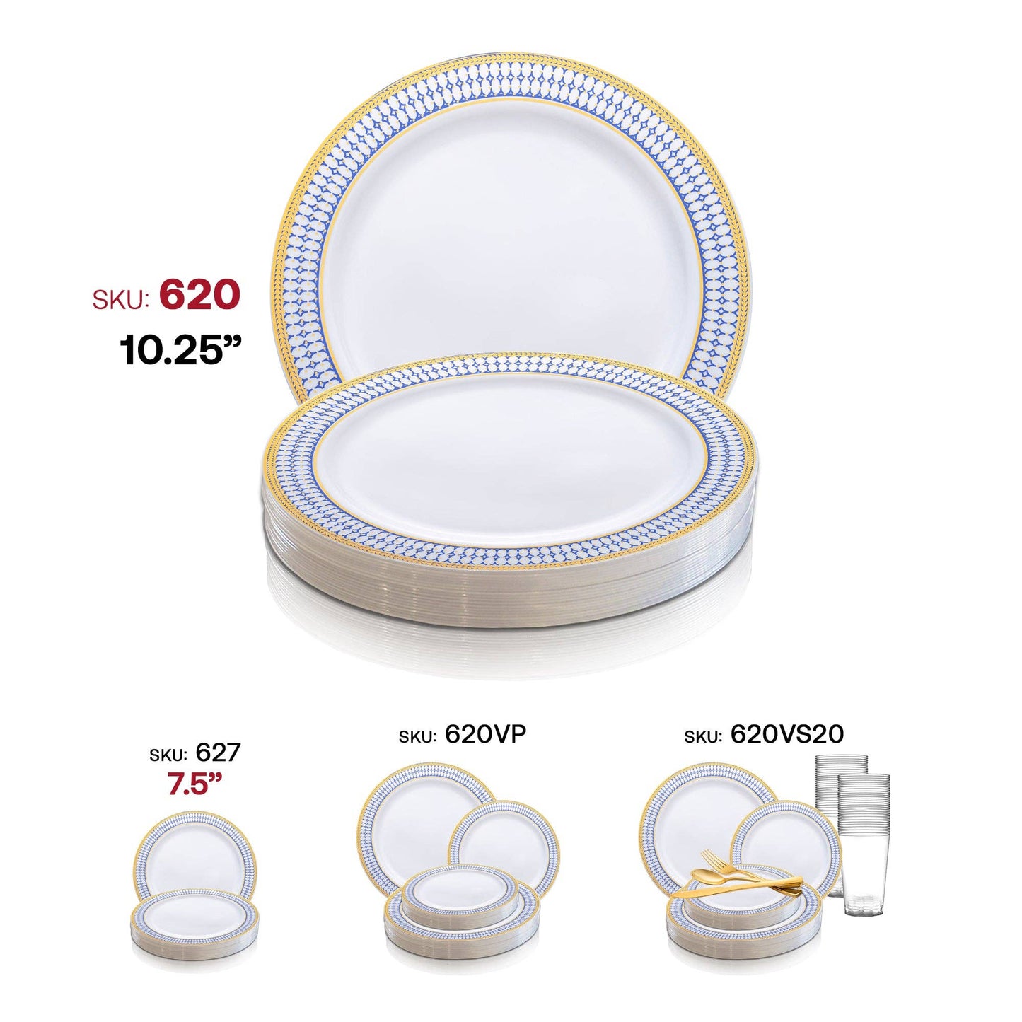 10.25" White Blue Gold Chord Rim Dinner Plates - 10 pcs