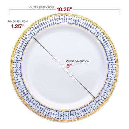 10.25" White Blue Gold Chord Rim Dinner Plates - 10 pcs