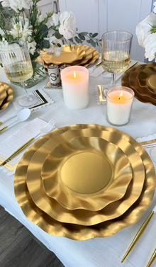 Satin Gold Wavy Paper 10in Dinner Plates 8ct