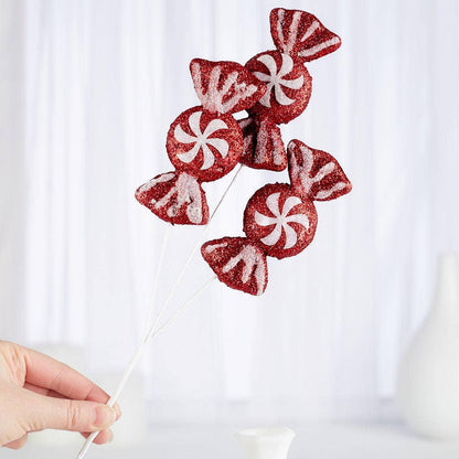 14" Glittered Red and White Holiday Candy Pick