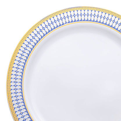 10.25" White Blue Gold Chord Rim Dinner Plates - 10 pcs