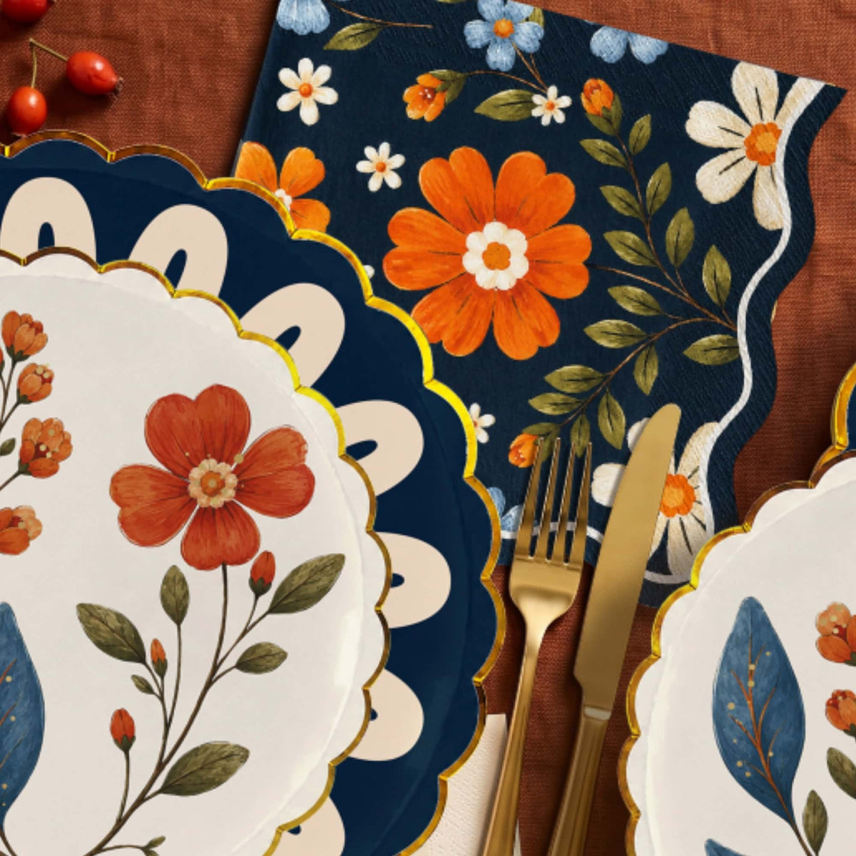 Folk Floral Wavy Edge Lunch Napkins