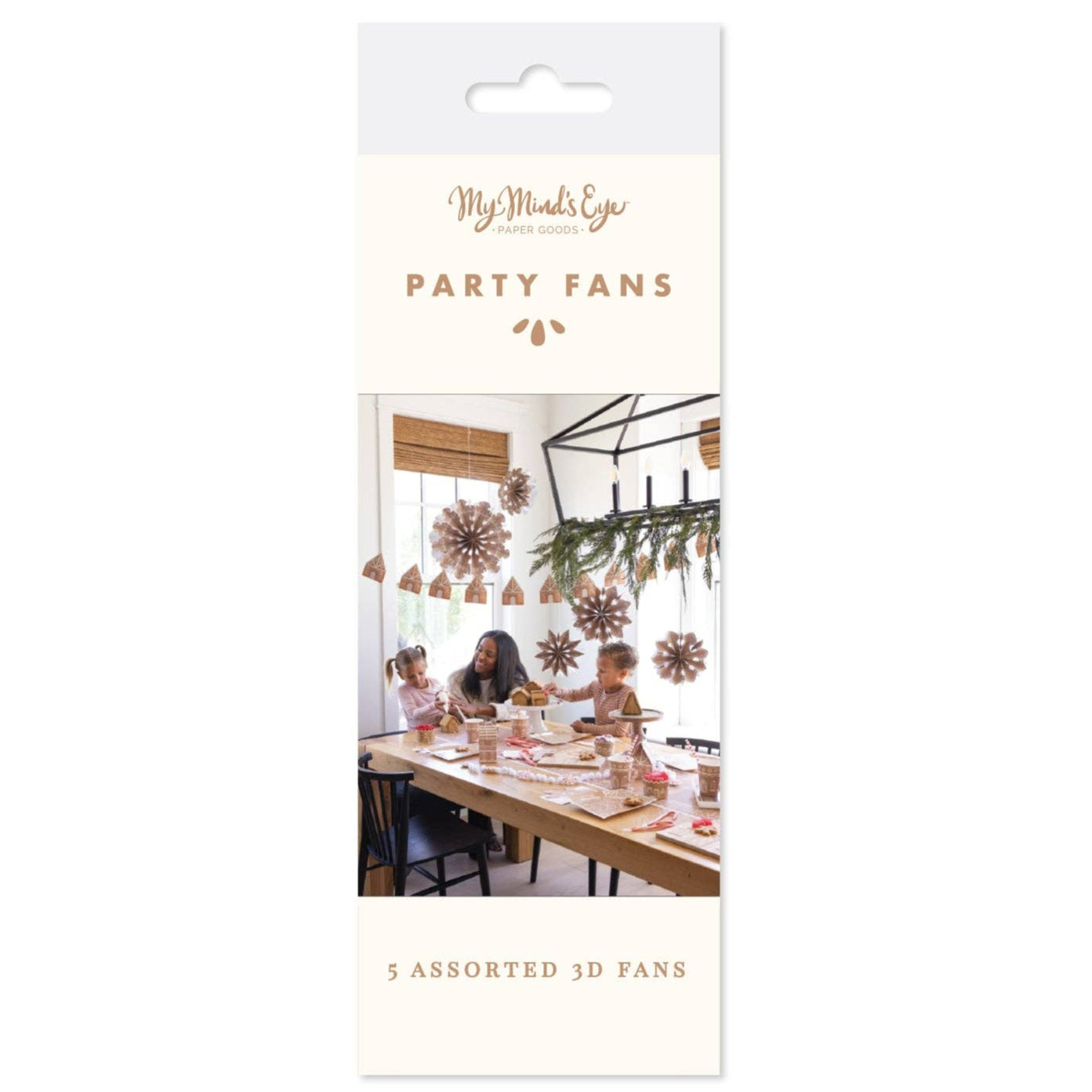 Packaging of My Mind's Eye Party Fans with a family at a table and decorative elements.