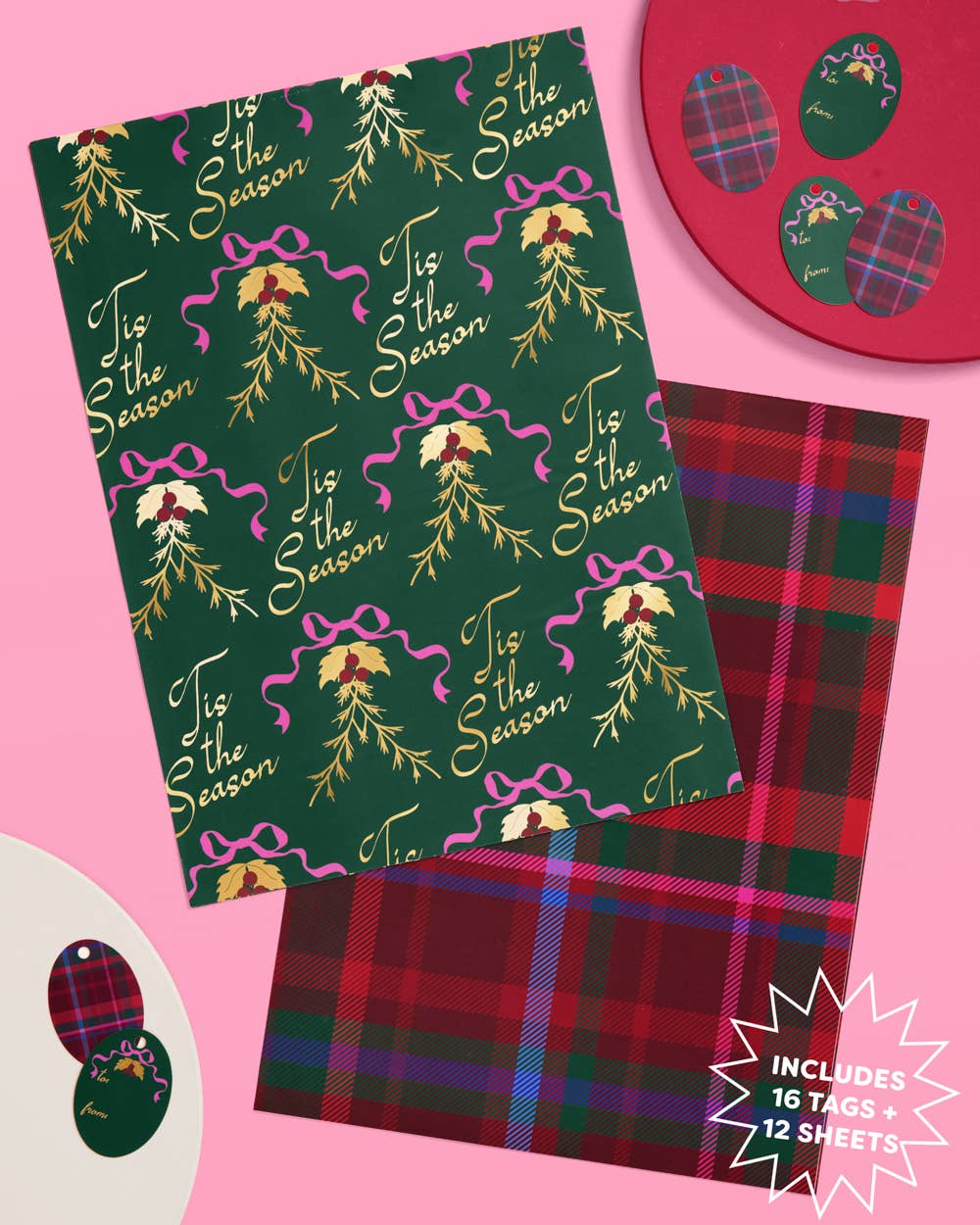 Tis the Season Wrapping Paper  12 sheets + 16 tags Christmas