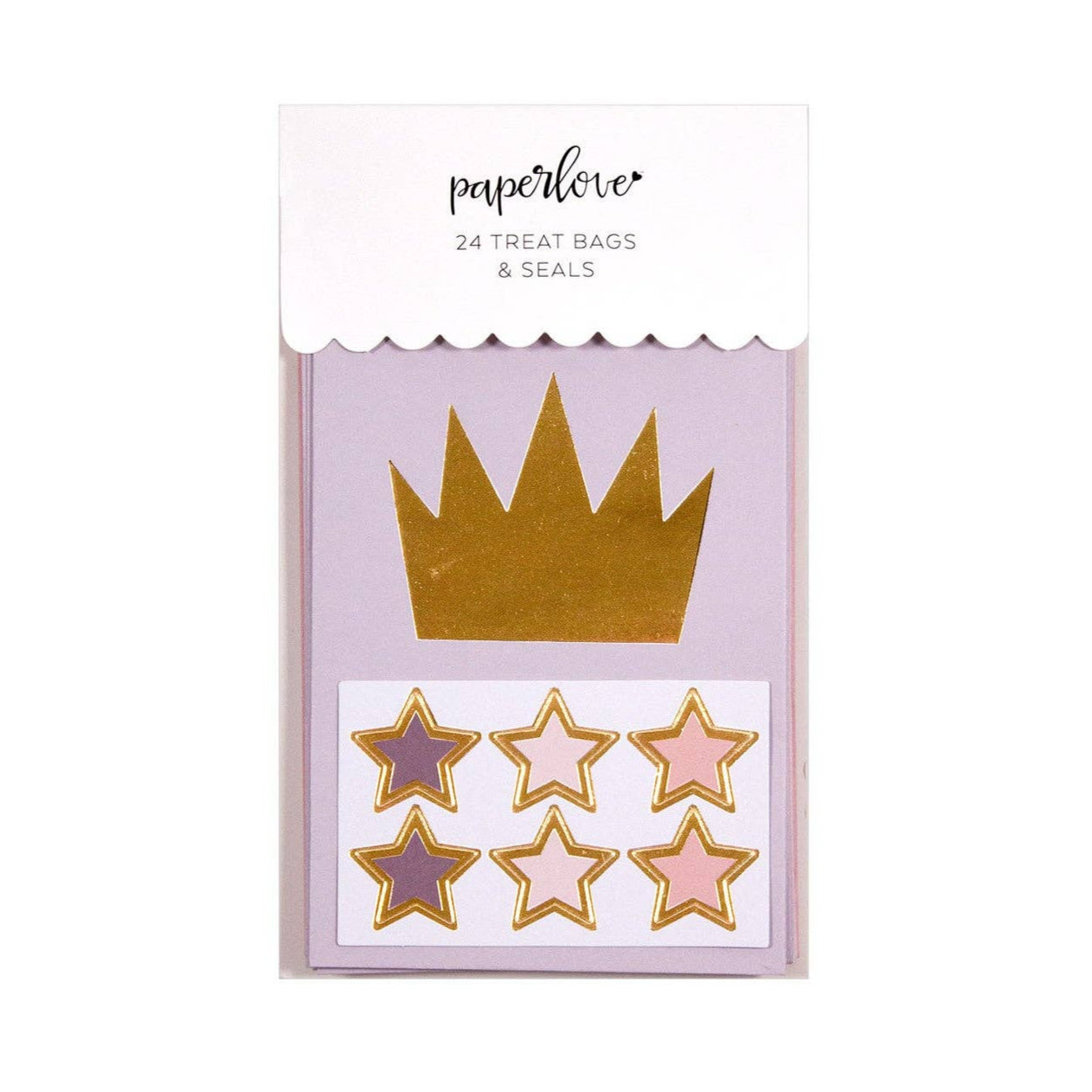Pack of treat bags with gold crown and star designs on a white background