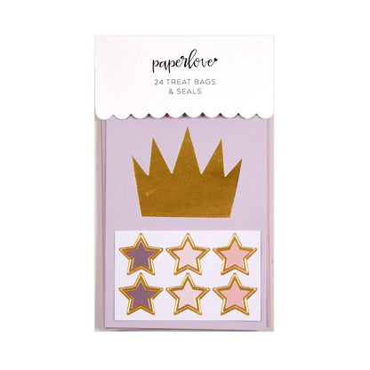 Pack of treat bags with gold crown and star designs on a white background