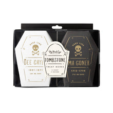 Packaged product with tombstone design and text on a white background