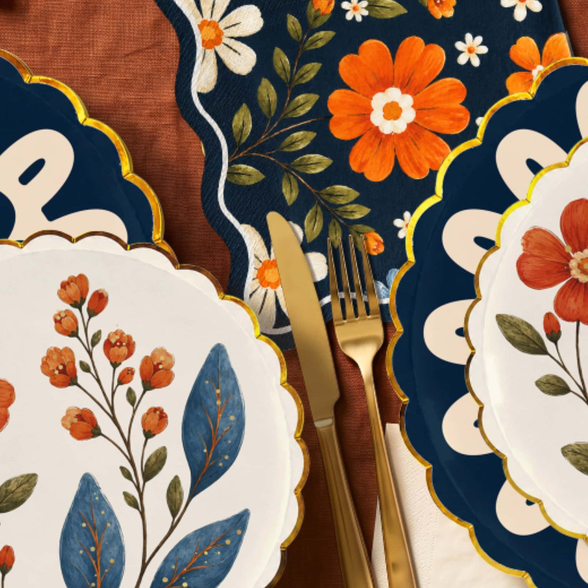Folk Floral Wavy Edge Lunch Napkins