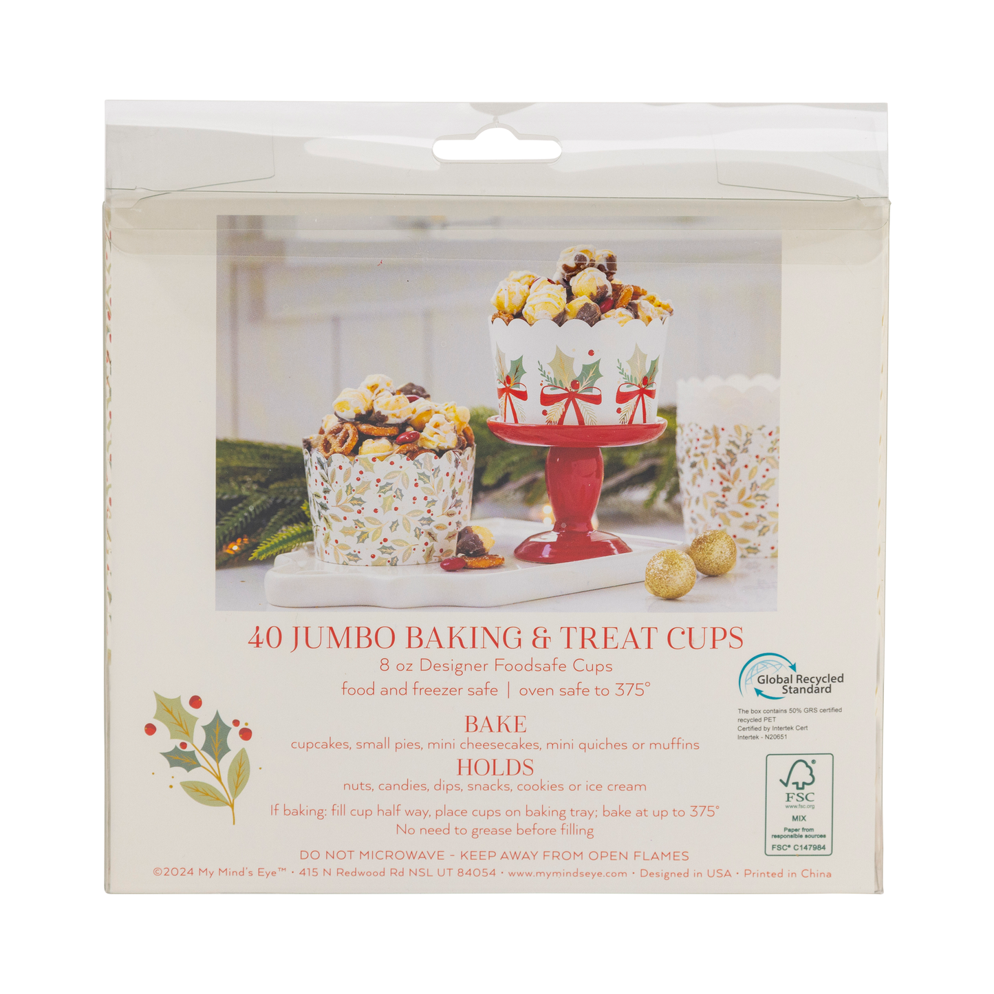 Foiled JUMBO Holly Bows 8 oz Baking Cups 40ct