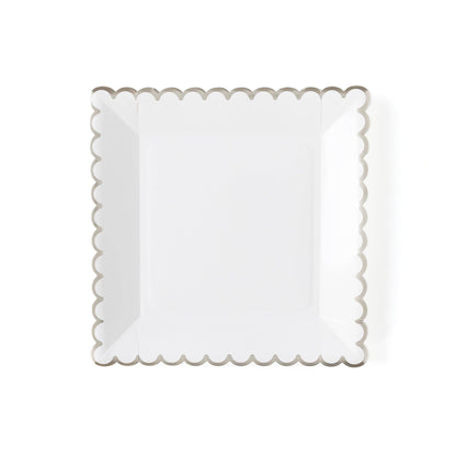 White Silver Scalloped 9in Plates 8ct