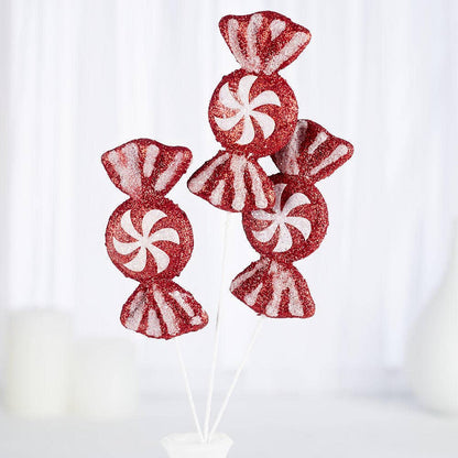 14" Glittered Red and White Holiday Candy Pick