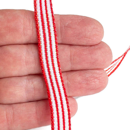 Red & White Ticking Wired Ribbons (6 Spools @ 10yds long)